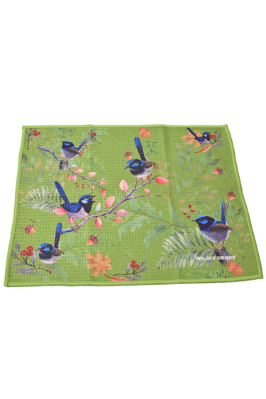 Green Cleaning Cloth with colorful bird designs on a white background