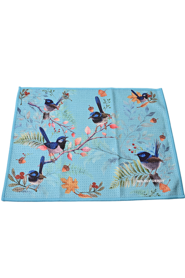 Decorative placemat with bird design on a blue background