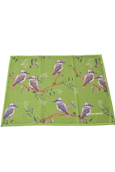 Green Cleaning Cloth with kookaburra design on a white background