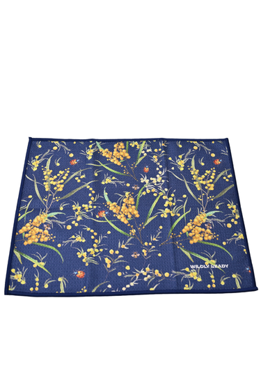Navy blue Cleaning Cloth with yellow floral pattern on a white background
