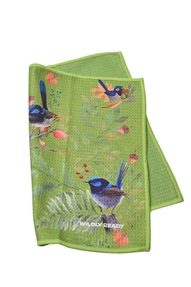 Green Cleaning Cloth with bird design on a white background