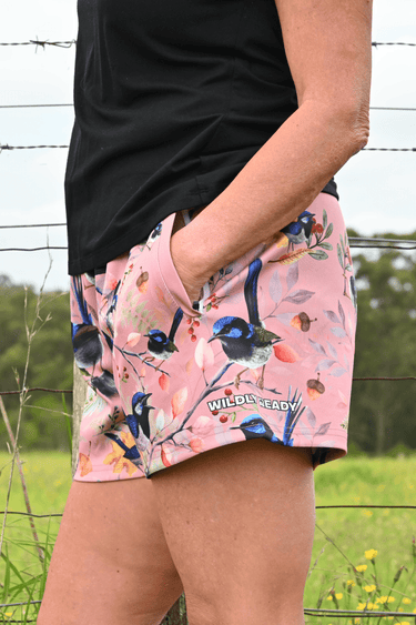 Everyday Outdoor Footy Shorts With Zip Pockets - Blue Wren Dusty Pink - Wildlyready